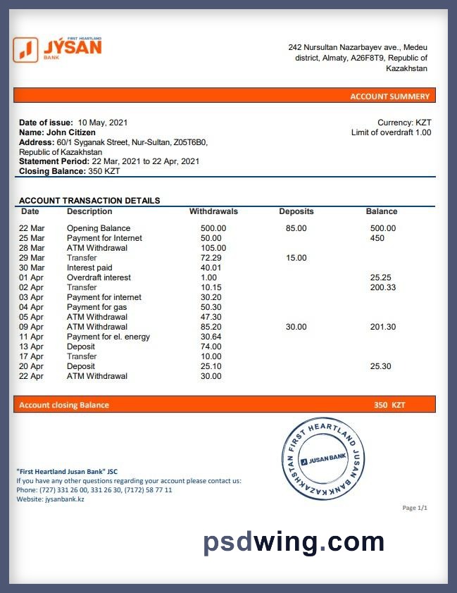 Kazakhstan First Heartland Jusan Bank Statement (Word)